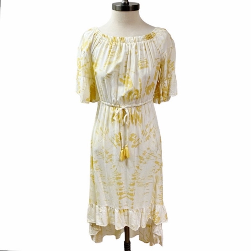 BLUE ISLAND Boho Summer Ruffle Tie-dye Dress SMALL Yellow White Beach Vacation